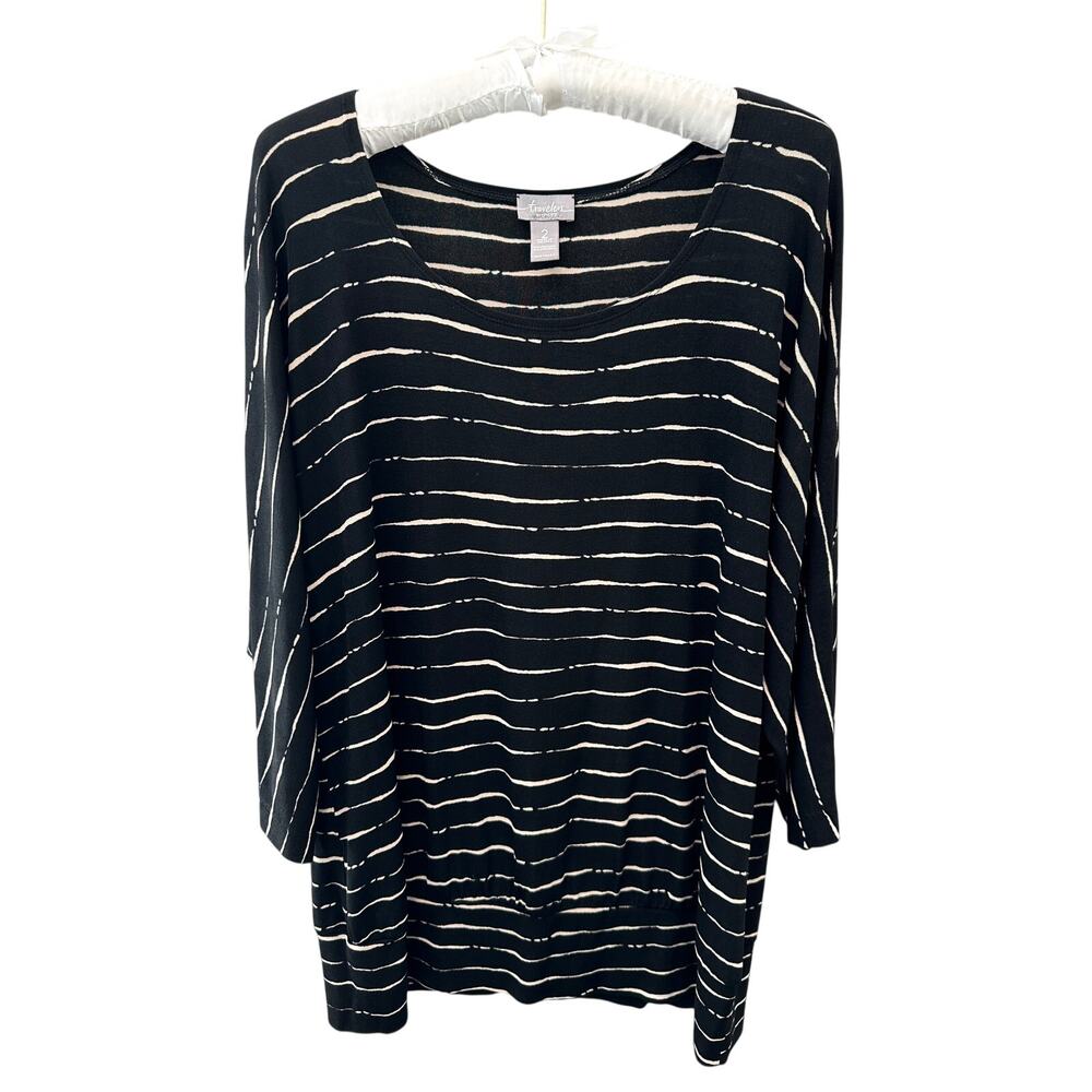 CHICO’S Travelers Black Tan Striped Dolman Sleeve Stretch Top | Size 2 Large